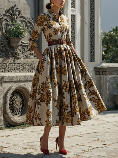 Robe midi en coton, demi-manches, col châle, motif floral, boutonnée, vintage, gris-brun