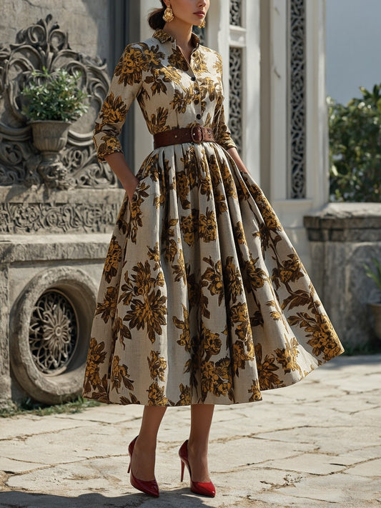 Robe midi en coton, demi-manches, col châle, motif floral, boutonnée, vintage, gris-brun