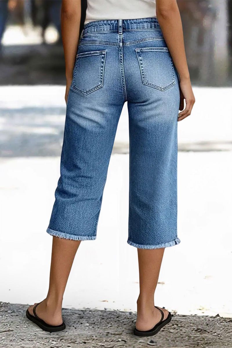 Wash Patch Pocket Raw Hem High Rise Straight Leg Capri Jeans