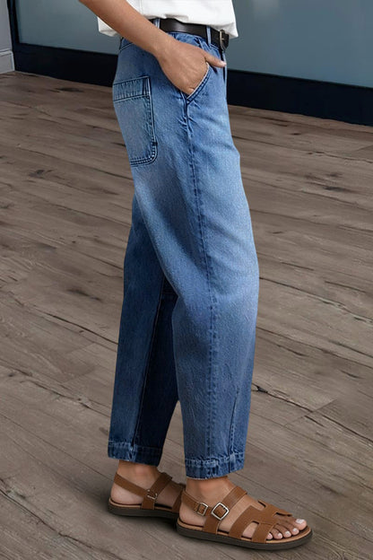 Wash Stitch Detail Mid Rise Barrel Leg Crop Jeans Without Belt
