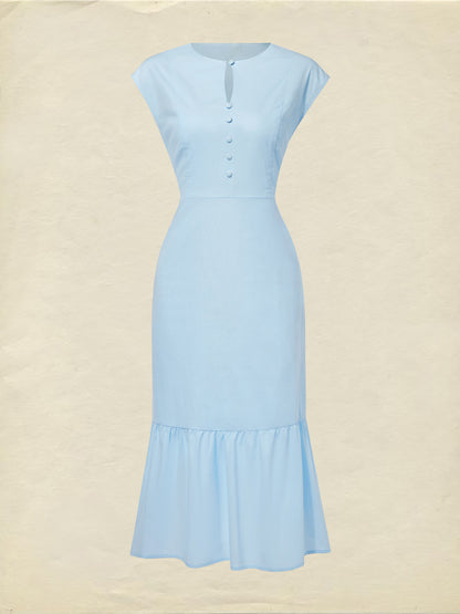 Robe midi en lin, Col ras du cou, Manches courtes, Boutonnée, Style champêtre, Mélange de lin, Bleue