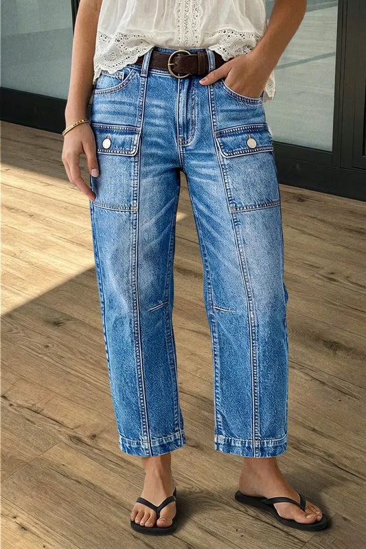 Wash Flap Pocket Stitch Detail Mid Waist Straight Leg Cropped Jeans Without Belt
