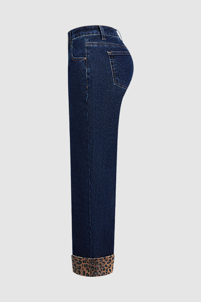 Leopard Print Studded Roll Hem Mid Waist Straight Leg Jeans