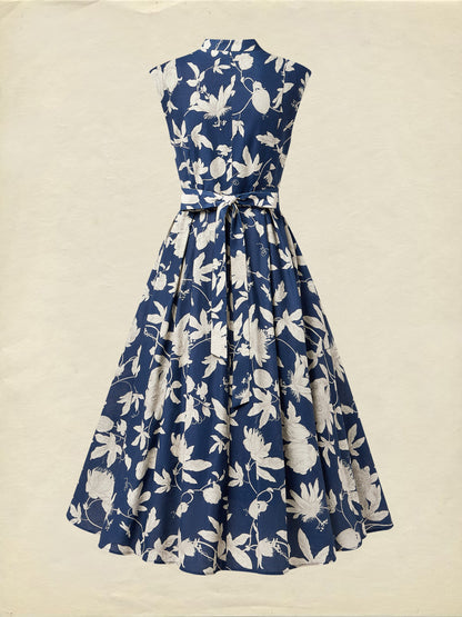 Robe midi en lin, Manches courtes, Col en V, Fleurie, Boutons décoratifs, Vintage, Bleu foncé
