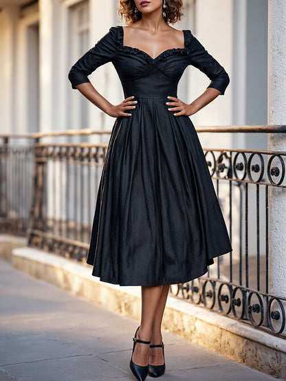 Robe Midi en Lin, Manches Mi-longues, Col Cœur, Unie, Dentelle, Vintage, Noir