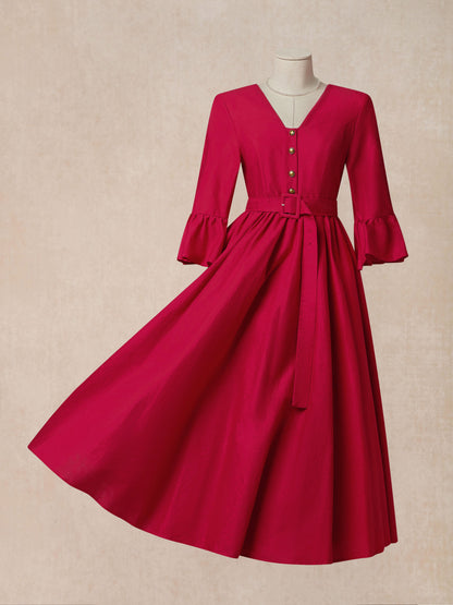 Robe longue en lin, manches 3/4, col en V, style vintage inspiré de Jane, pour tea party, mélange de lin, rouge, ceinture