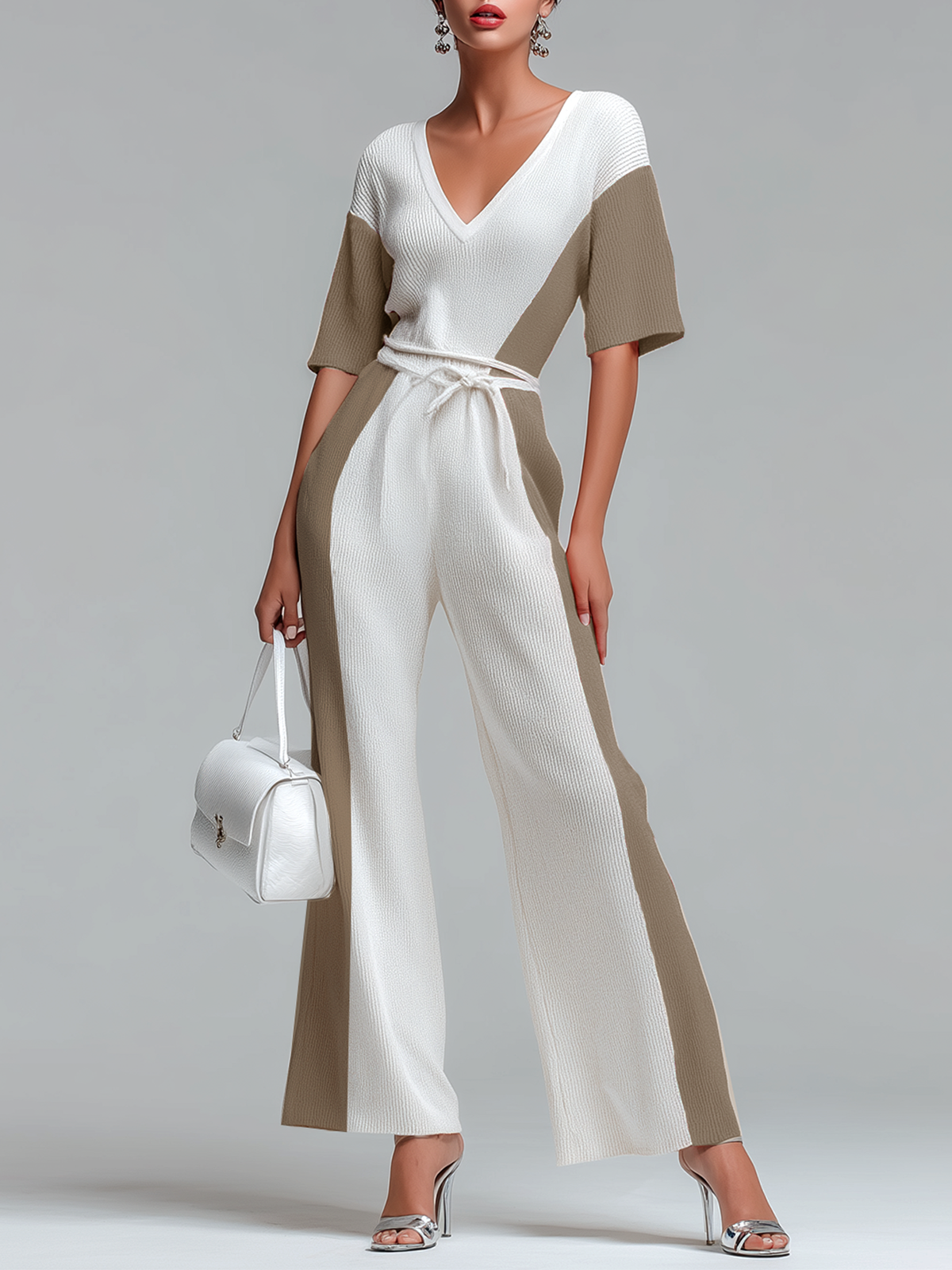 Stylish Elegant White Contrast V-Neck Short-Sleeve Loose-Fit Tie-Waist Wide-leg Knit Jumpsuit