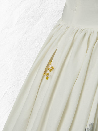 Robe mi-longue en lin, sans manches, col rond, florale, vacances, vintage, blanche