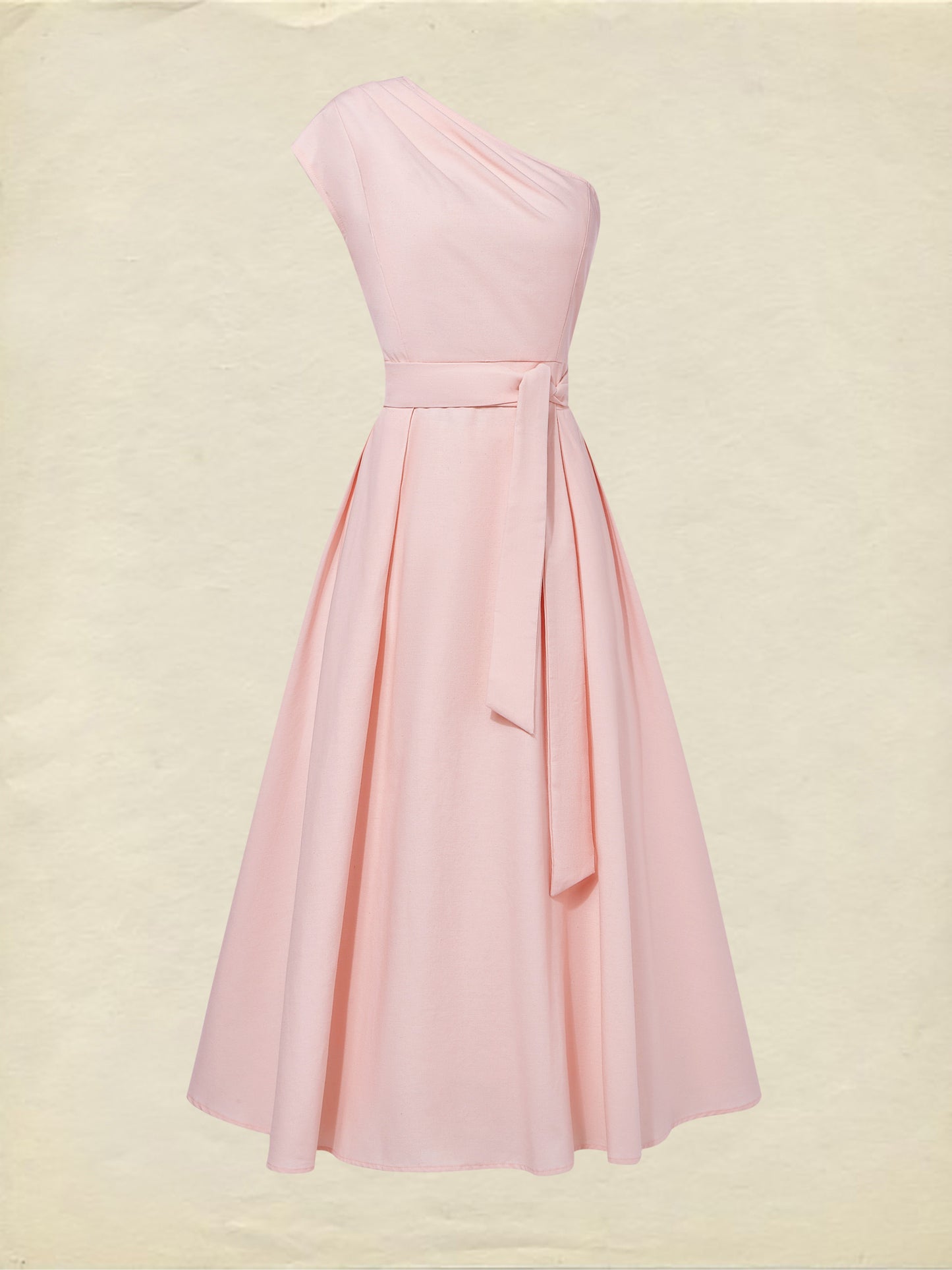 Robe longue en coton, sans manches, asymétrique (une épaule), unie, ceinture décorative, vintage, rose clair