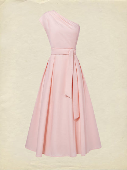 Robe longue en coton, sans manches, asymétrique (une épaule), unie, ceinture décorative, vintage, rose clair