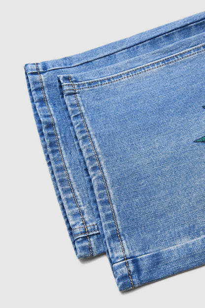 Valentine's Day Pattern Embroidered Patch Pocket Mid Rise Straight Leg Jeans Without Belt