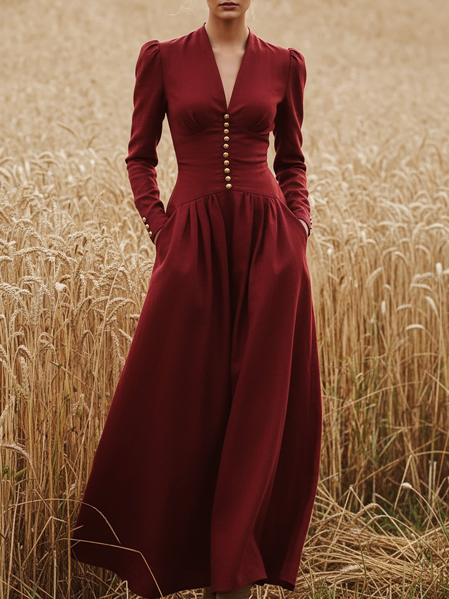 Robe longue en lin, manches longues, col en V, unie, boutonnée, style vintage, rouge foncé