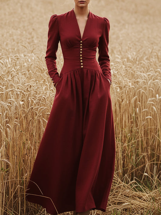 Robe longue en lin, manches longues, col en V, unie, boutonnée, style vintage, rouge foncé