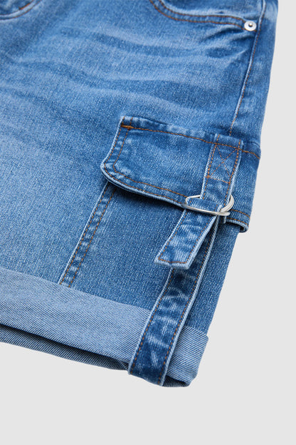Roll Hem Drawstring Mid Waist Denim Mid Thigh Shorts