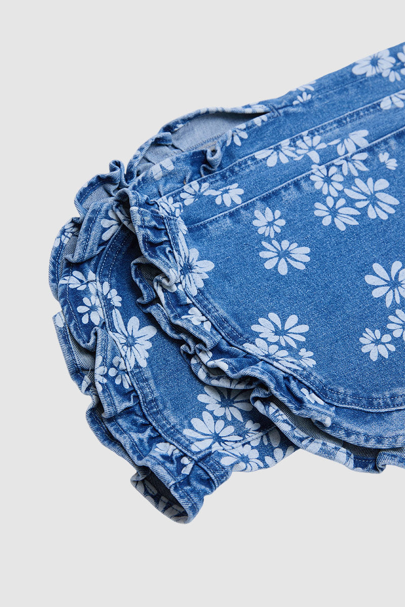 Wash Floral Print Ruffle Split Hem Mid Rise Wide Leg Jeans