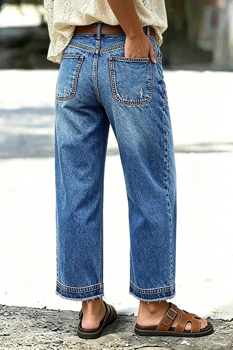 Wash Ripped Raw Hem Mid Rise Straight Leg Crop Jeans