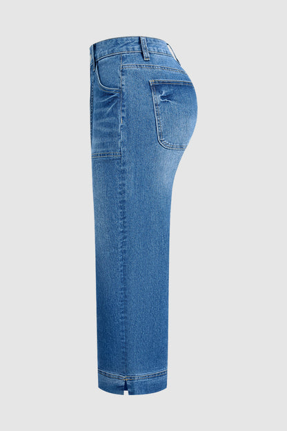 Wash Patch Pocket Split Hem High Rise Straight Leg Crop Jeans Without Belt