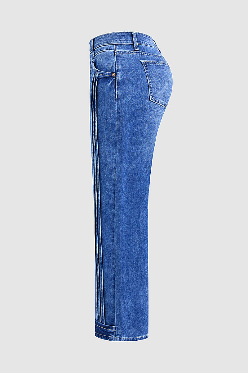 Wash Pleated High Rise Straight Leg Crop Jeans Without Belt