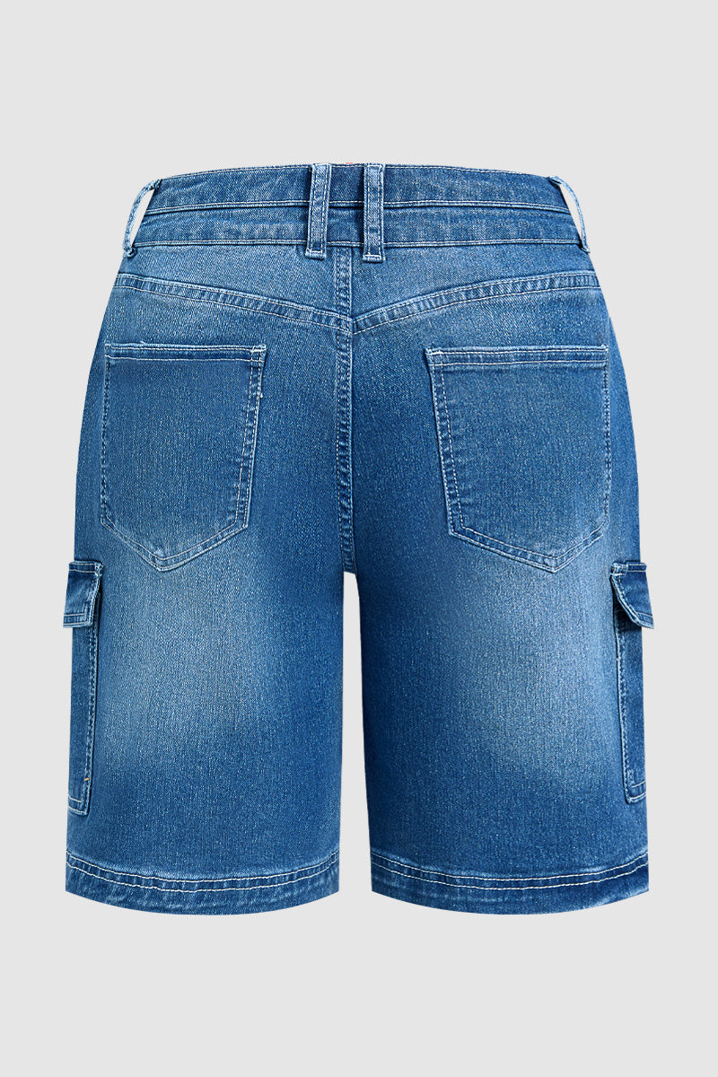 Wash Flap Pocket Dual Button Mid Rise Cargo Denim Bermuda Shorts