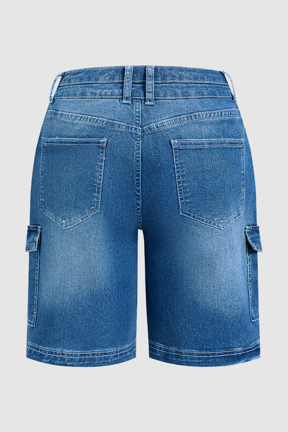 Wash Flap Pocket Dual Button Mid Rise Cargo Denim Bermuda Shorts