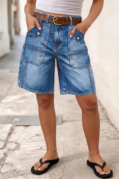 Wash Flap Decor Stitch Detail Mid Waist Denim Bermuda Shorts Without Belt