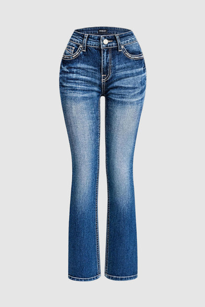 Wash Stitch Detail Mid Waist Bootcut Jeans Without Belt