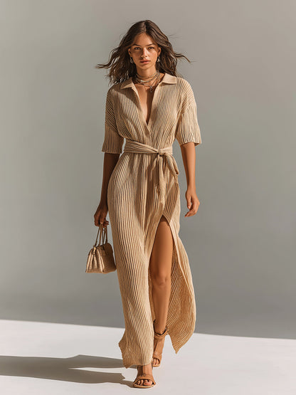 Chic Elegant Camel Lapel V-Neck Short-Sleeve Loose-Fit Belted Slit Detail Knit Maxi Dress