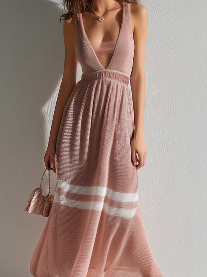 Chic Elegant Pink Mesh Patchwork Deep V-Neck Sleeveless Elastic Waist A-Line Stipe Detail Knit Maxi Dress