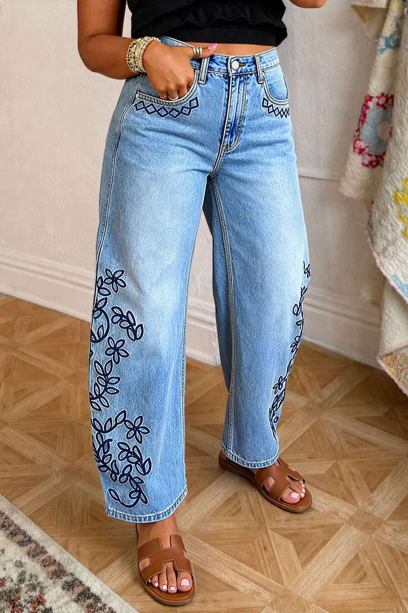 Wash Plant Embroidery Mid Waist Barrel Leg  Jeans