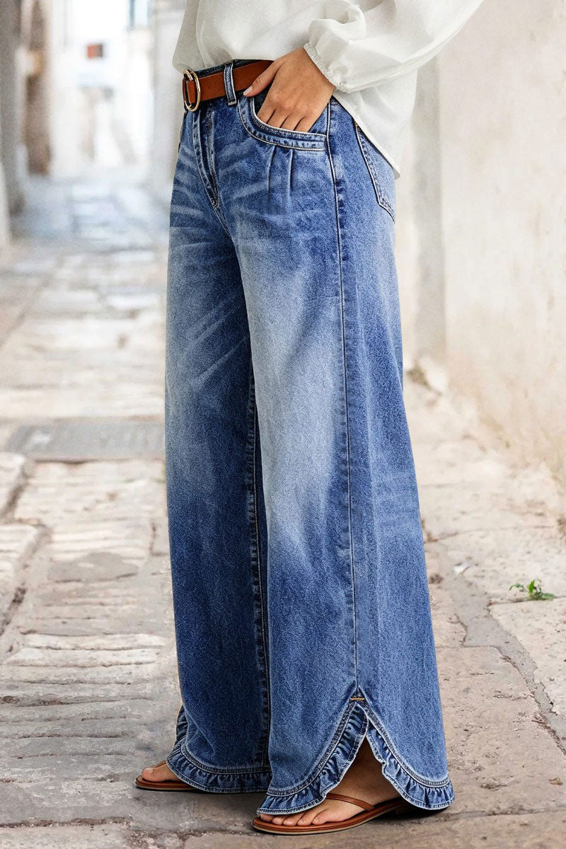 Ruffle Split Hem Pleated Mid Waist Wide Leg Jeans Without Belt