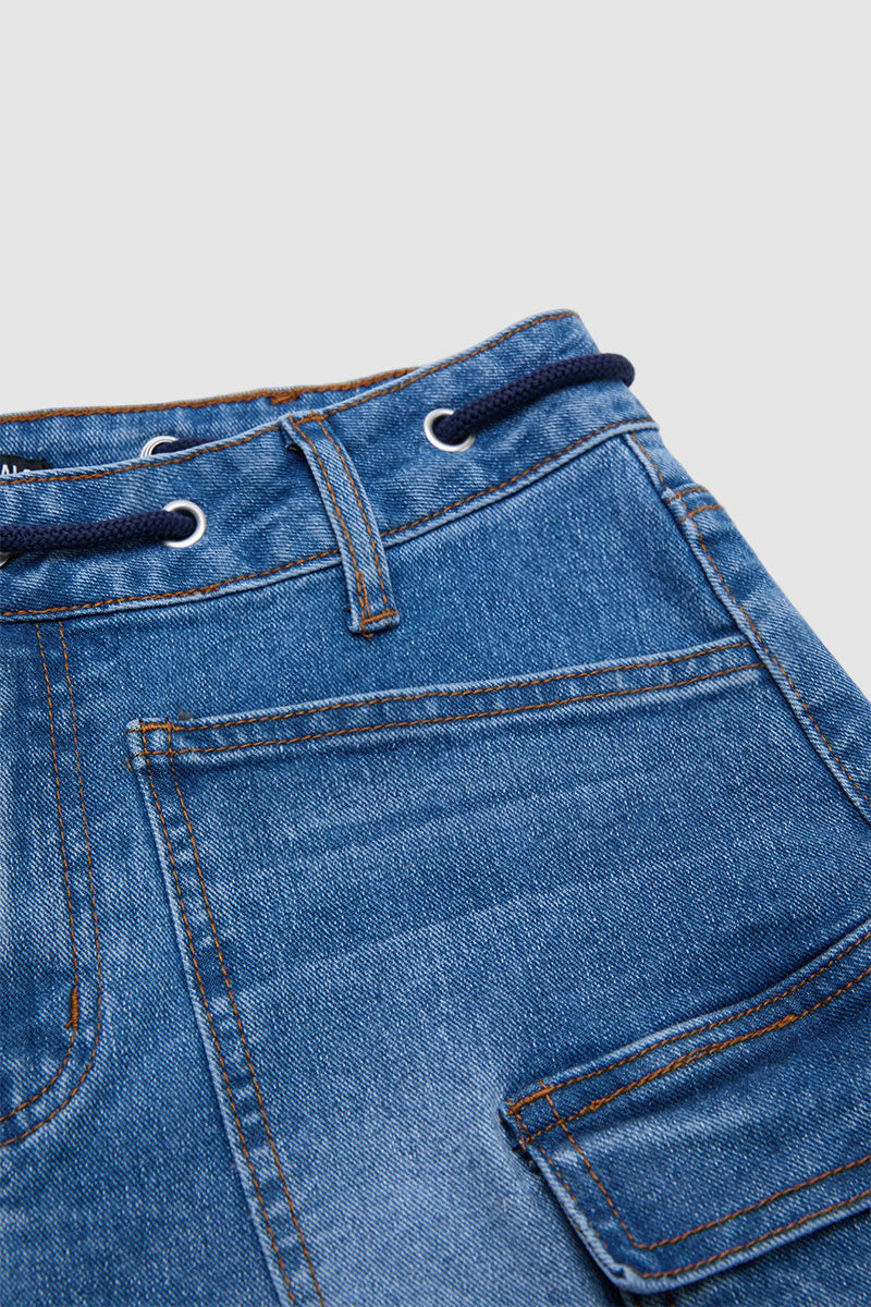 Wash Flap Pocket Drawstring High Rise Mid Thigh Denim Shorts