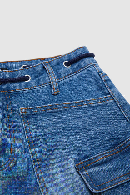 Wash Flap Pocket Drawstring High Rise Mid Thigh Denim Shorts