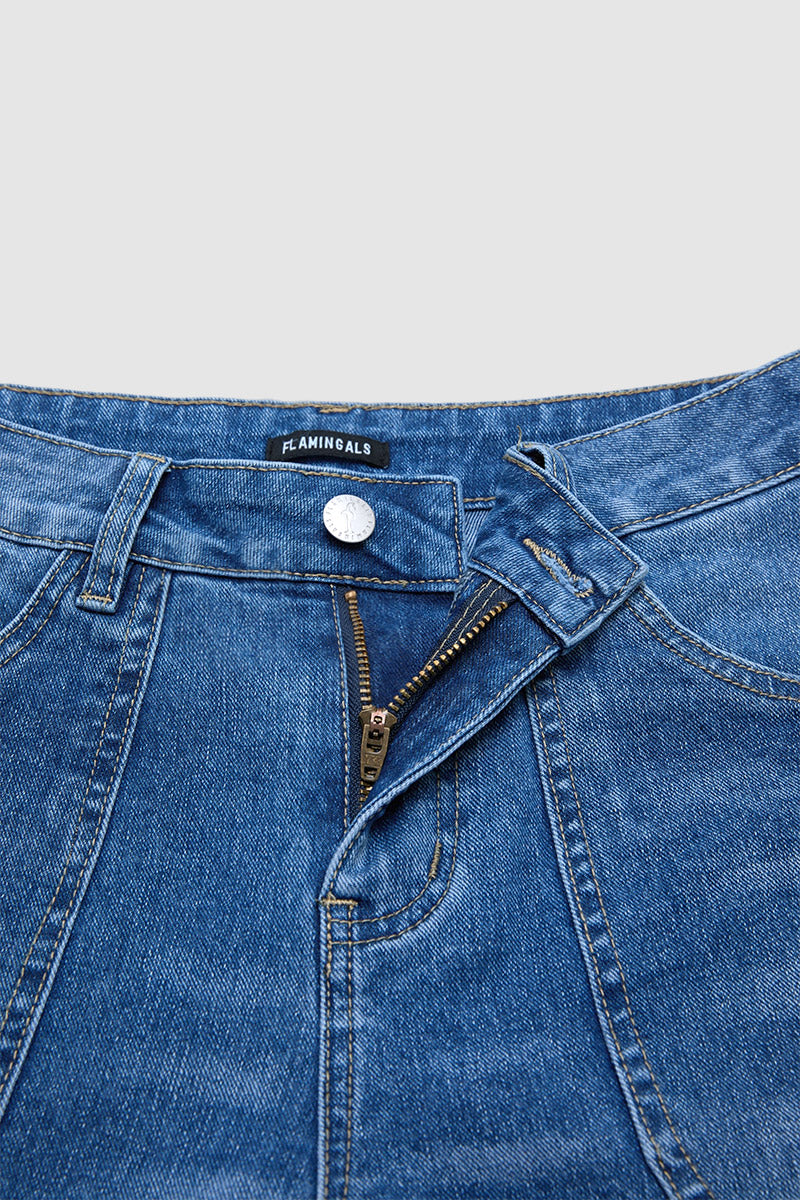 Wash Patch Pocket Split Hem High Rise Straight Leg Crop Jeans Without Belt