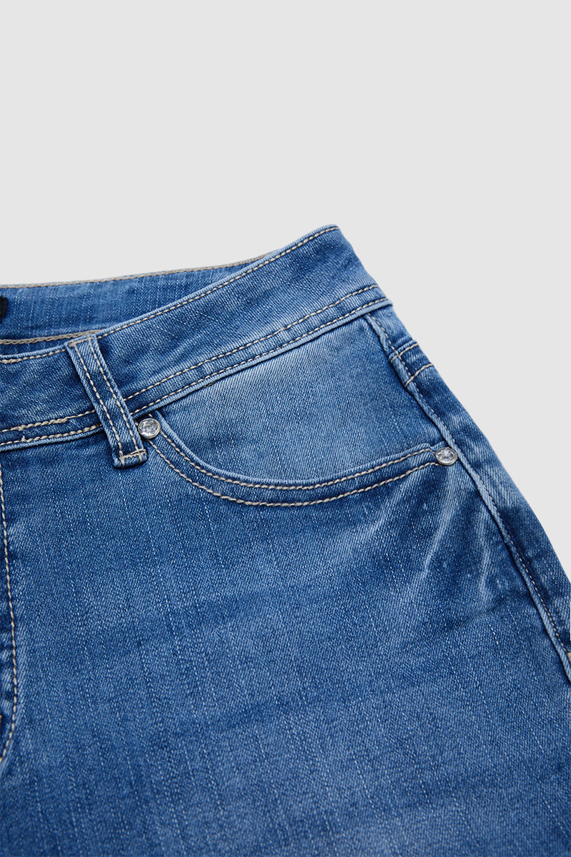 Star & Stripe Embroidery Raw Hem Ripped High Waist Denim Bermuda Shorts