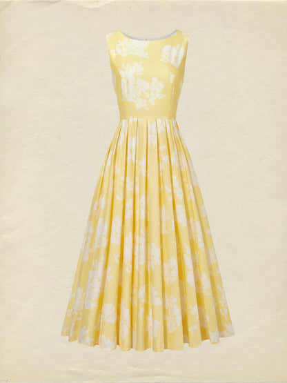 (TAILLE:TP-TTG) Robe Midi en Lin, Sans Manches, Mélange de Lin, Florale, Renaissance, Bleu Profond