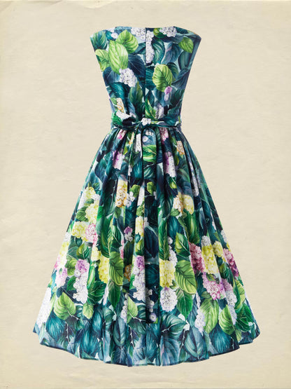 Robe midi en lin, sans manches, encolure en cœur, florale, vacances, vintage, bleue