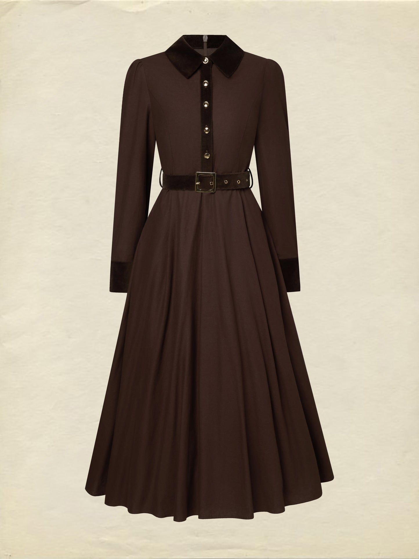 Robe midi en coton, manches longues, col châle, unie, avec ceinture, vintage, couleur café