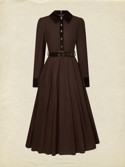 Robe midi en coton, manches longues, col châle, unie, avec ceinture, vintage, couleur café