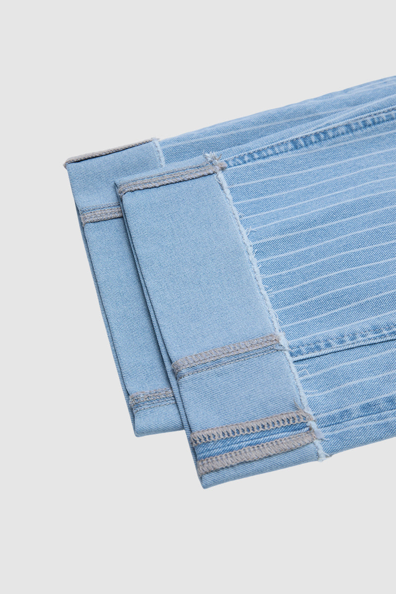 Striped Roll Hem Seam Front Mid Rise Straight Leg Crop Jeans Without Belt
