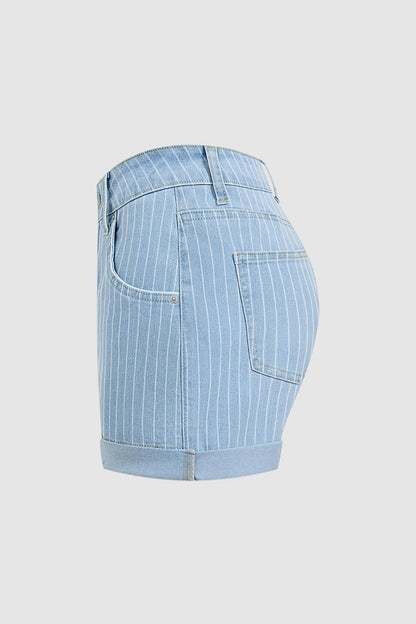 Striped Patch Pocket Roll Hem Mid Rise Denim Shorts Without Belt