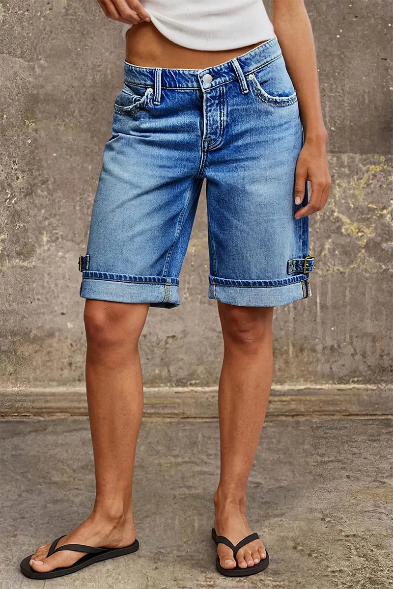 Wash Buckle Decor Roll Hem Mid Waist Denim Bermuda Shorts
