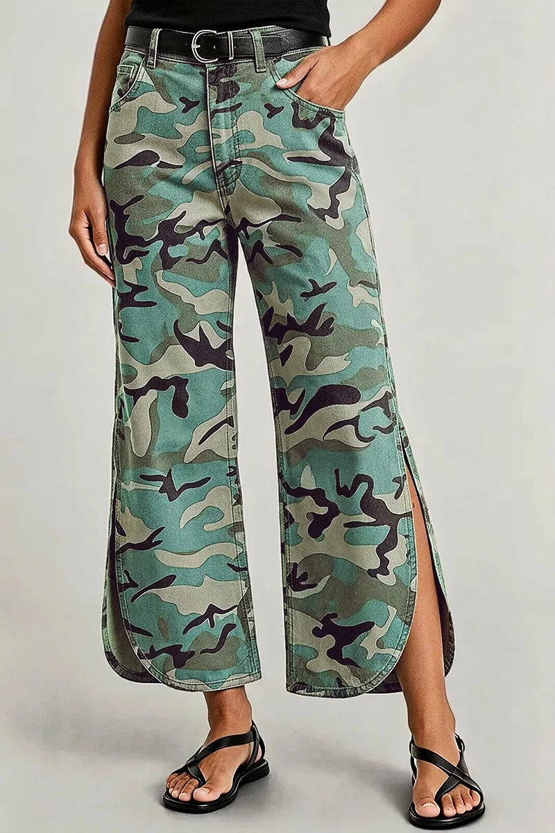 Camo Pattern Split Mid Waist Wide Leg Crop Pants Without Belt