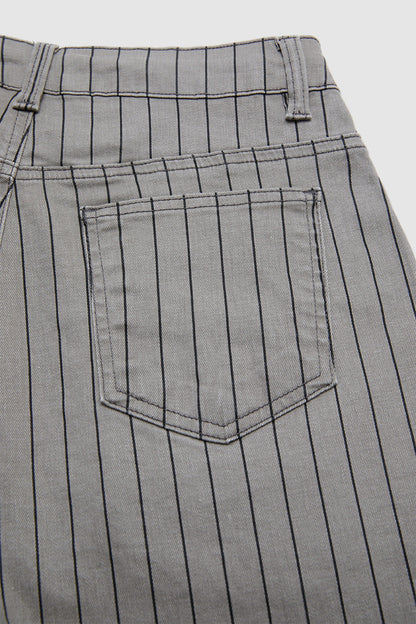 Striped Roll Hem Drawstring Mid Waist Straight Leg Cropped Pants