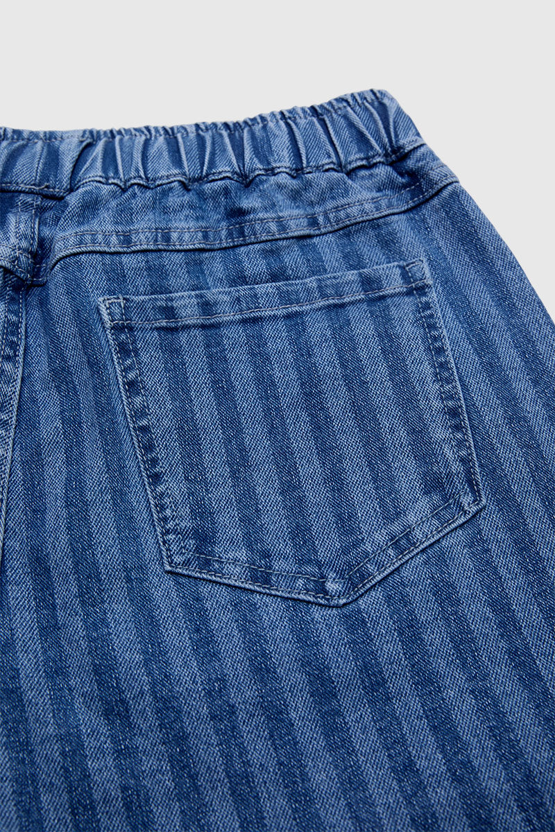 Striped Patch Pocket Drawstring Mid Rise Straight Leg Crop Jeans