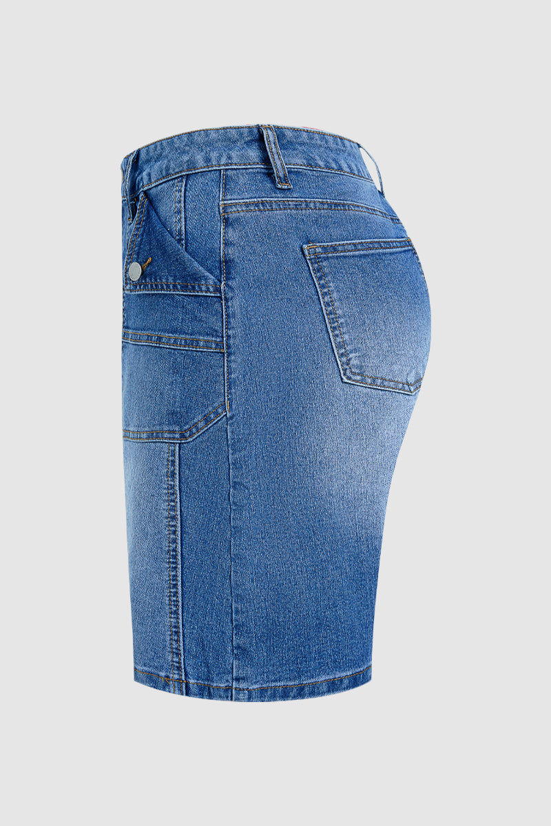 Wash Flap Decor Stitch Detail Mid Waist Denim Bermuda Shorts Without Belt