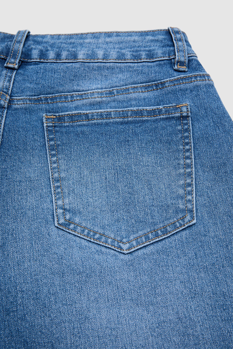 Wash Split Mid Waist Denim Mid Thigh Shorts Without Belt