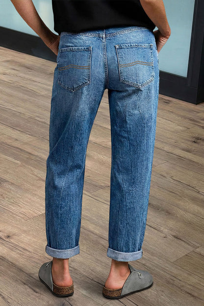 Wash Patch Pocket Dual Button Mid Rise Barrel Leg Crop Jeans