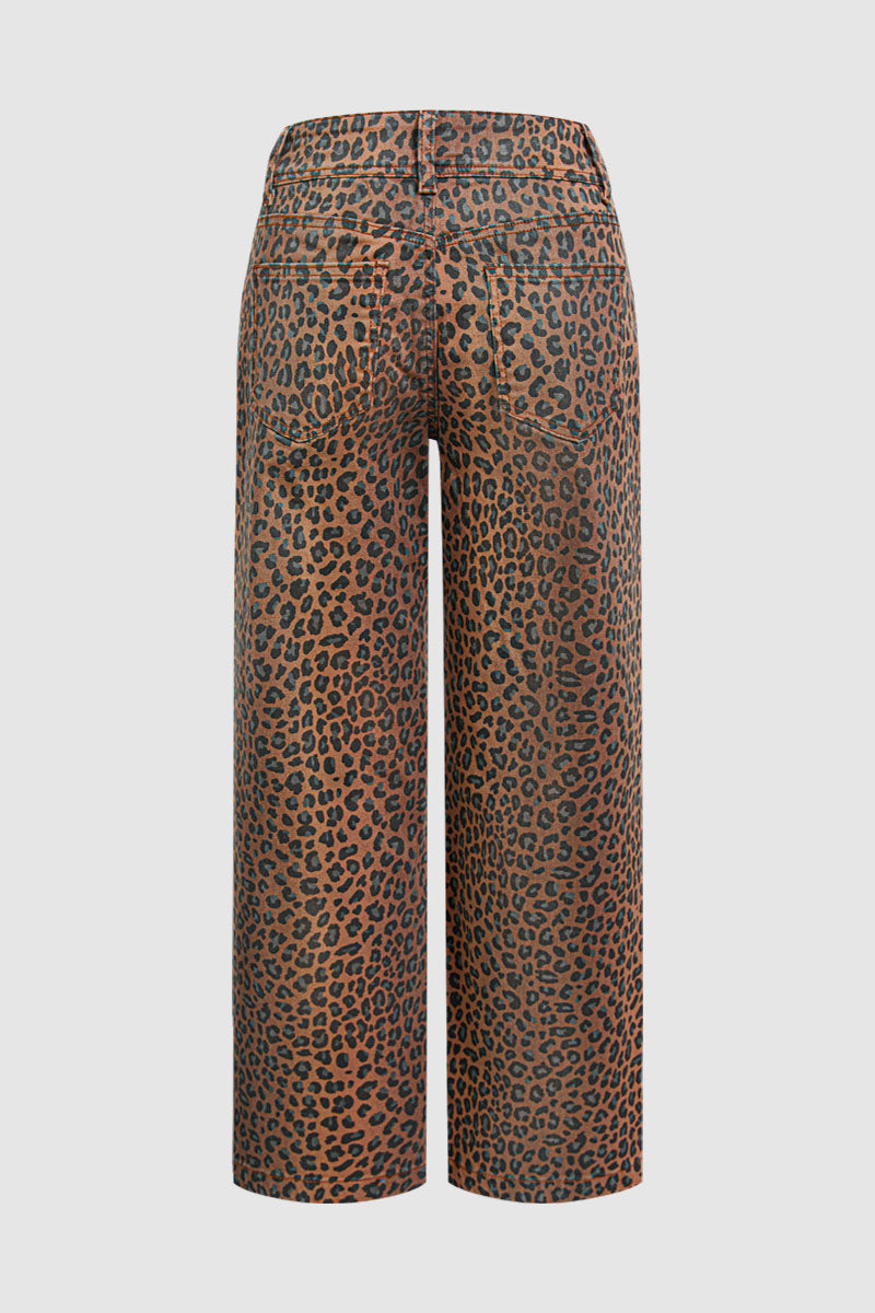 Leopard Print Patch Pocket High Waist Straight Leg Pants