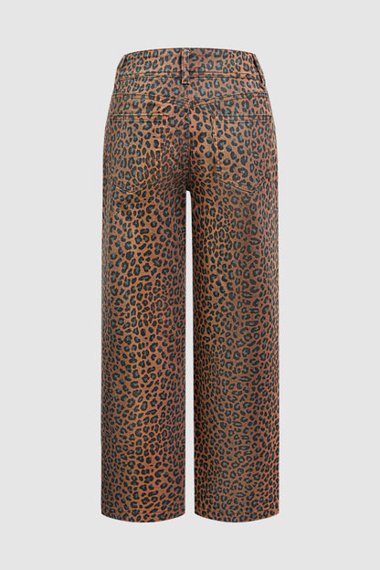 Leopard Print Patch Pocket High Waist Straight Leg Pants