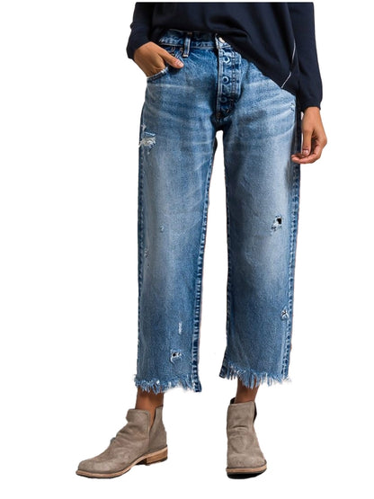 Wash Raw Hem Ripped Mid Rise Crop Straight Leg Jeans